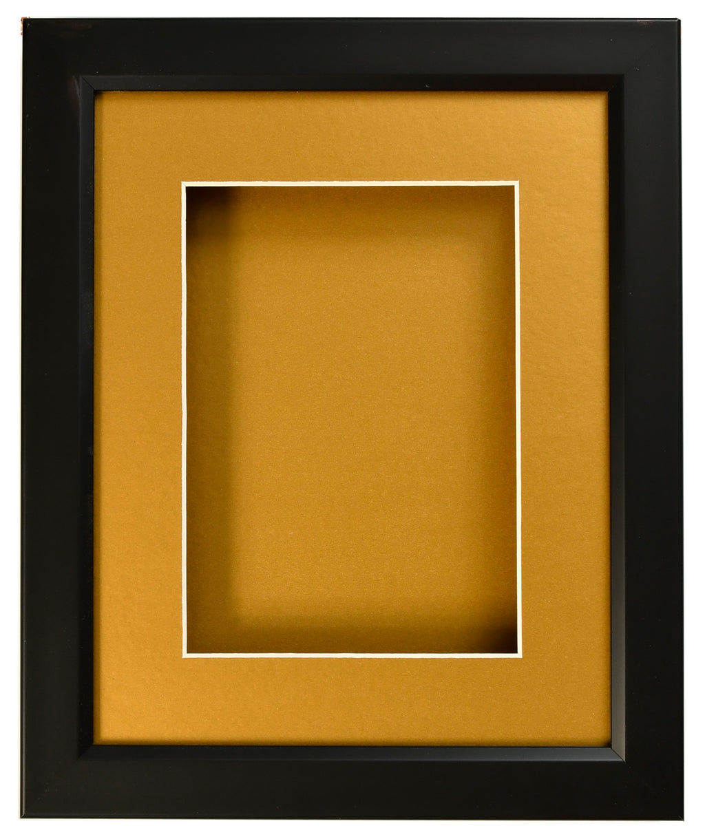 SHADOW BOX FRAME FOR OBJECTS - BLACK FRAME - GOLD MAT - CLEAR GLASS - 1" DEPTH