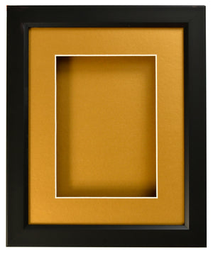 SHADOW BOX FRAME FOR OBJECTS - BLACK FRAME - GOLD MAT - CLEAR GLASS - 1" DEPTH